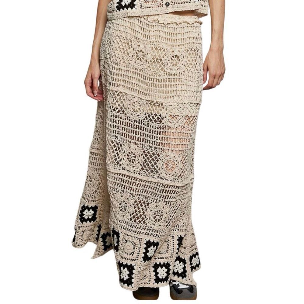 Boho Crochet Maxi Skirt Cream Black Granny Square Patchwork Long Knit Skirt OS - Picture 5 of 7